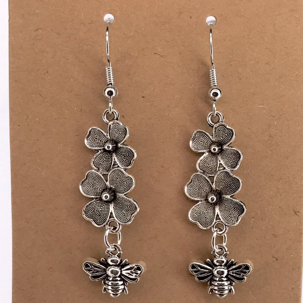 Floral Bee Silver Earrings Fashion Jewelry